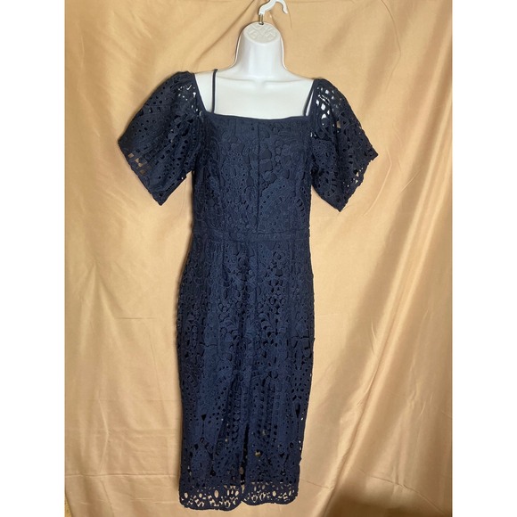 Unbranded Dresses & Skirts - Lace Midi Dress Women 6 Navy Blue Excellent Cold Shoulder Puff Sleeve Square